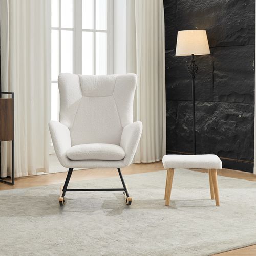 Fauteuil à Bascule Avec Repose Pied, Fauteuil Lecture, Bouclette, Accoudoirs, Blanc