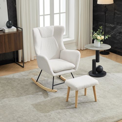Fauteuil à Bascule Avec Repose Pied, Fauteuil Lecture, Bouclette, Accoudoirs, Blanc