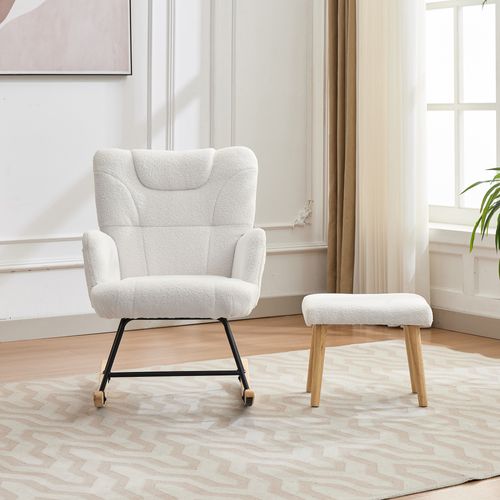 Fauteuil à Bascule Avec Repose Pied, Fauteuil Lecture, Poches Latérales, Bouclette, Blanc