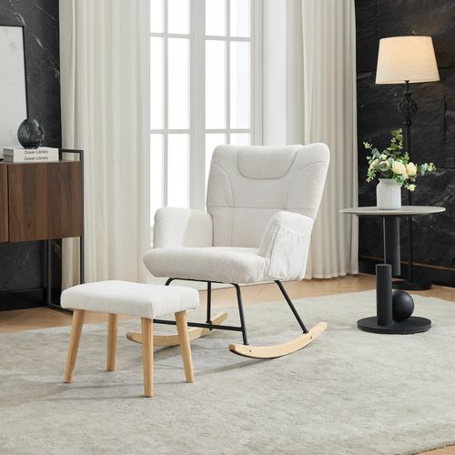 Fauteuil à Bascule Avec Repose Pied, Fauteuil Lecture, Poches Latérales, Bouclette, Blanc