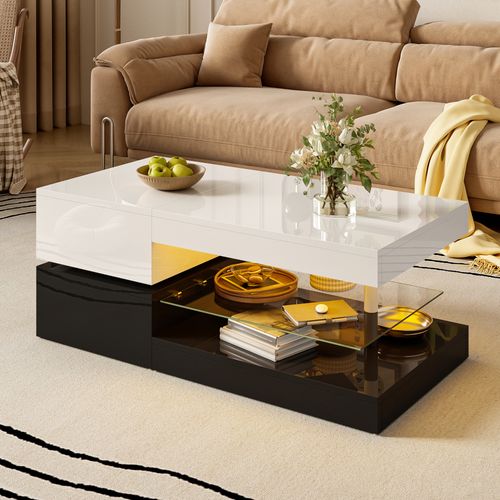 Table Basse90x45x35.5cm, table Rectangulaire, led, moderne, Tablette En Verre, aggloméré, blanc+noir