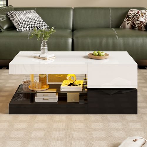 Table Basse90x45x35.5cm, table Rectangulaire, led, moderne, Tablette En Verre, aggloméré, blanc+noir