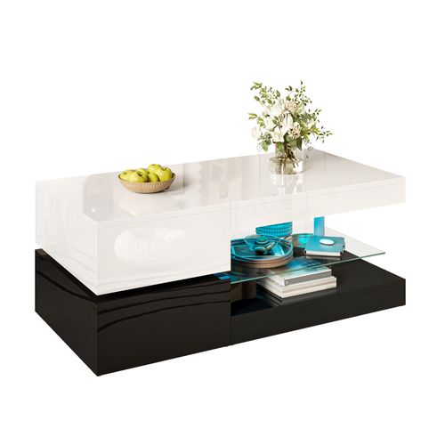 Table Basse90x45x35.5cm, table Rectangulaire, led, moderne, Tablette En Verre, aggloméré, blanc+noir