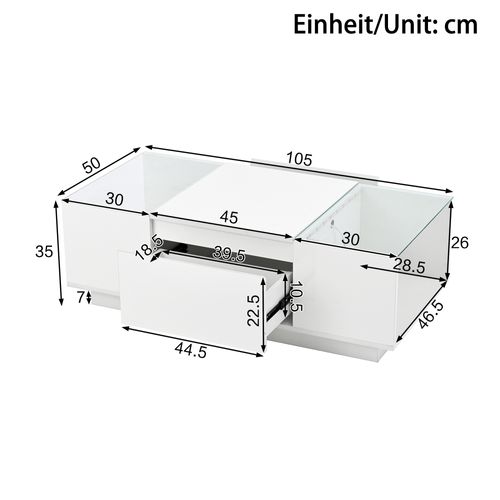 Table Basse105x50x35cm, table Rectangulaire, 2 Tiroirs, moderne, led, verre, aggloméré, blanc