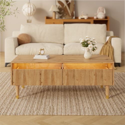 Table Basse110x50x40cm, table Rectangulaire, 2 Tiroirs, led, naturel, mdf, couleur Bois