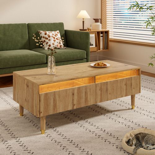 Table Basse110x50x40cm, table Rectangulaire, 2 Tiroirs, led, naturel, mdf, couleur Bois