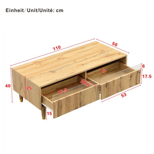 Table Basse110x50x40cm, table Rectangulaire, 2 Tiroirs, led, naturel, mdf, couleur Bois