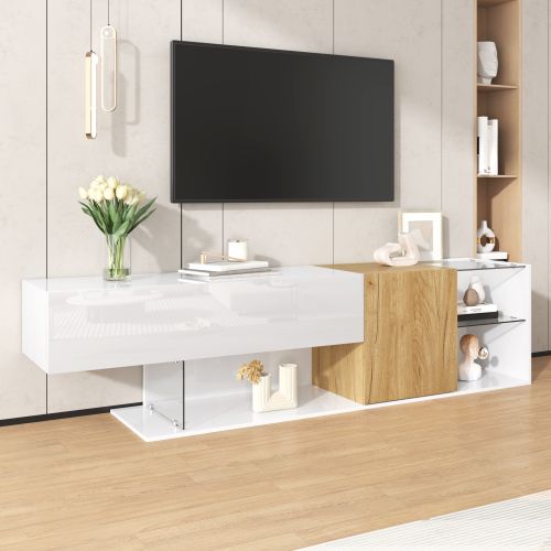 Meuble TV 180 Cm, Meuble TV Blanc Brillant Et Aspect Bois, Étagères En Verre