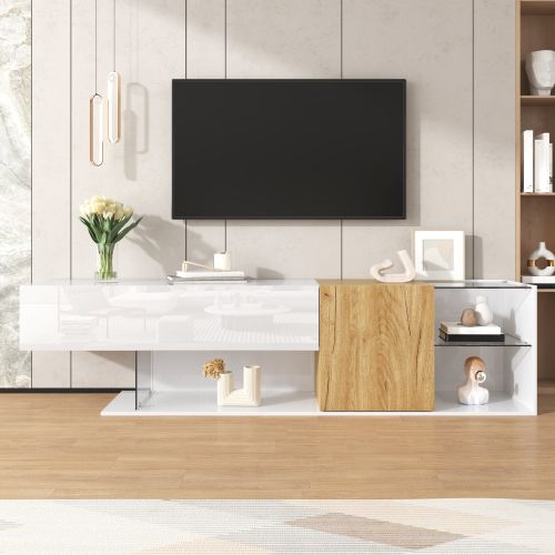 Meuble TV 180 Cm, Meuble TV Blanc Brillant Et Aspect Bois, Étagères En Verre