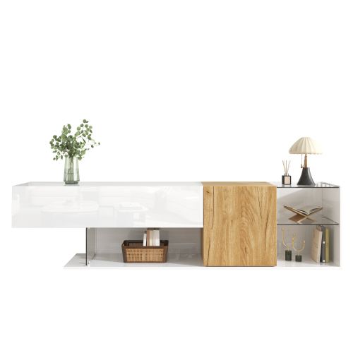Meuble TV 180 Cm, Meuble TV Blanc Brillant Et Aspect Bois, Étagères En Verre
