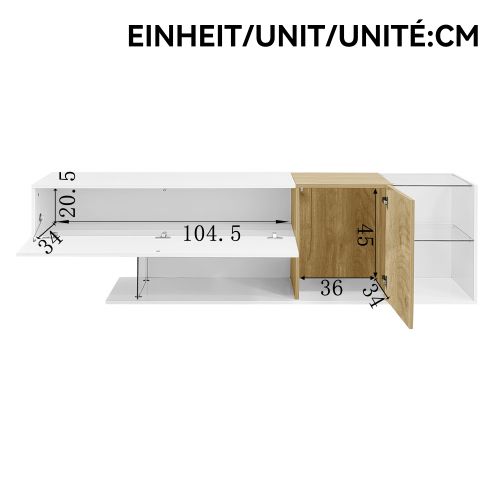 Meuble TV 180 Cm, Meuble TV Blanc Brillant Et Aspect Bois, Étagères En Verre