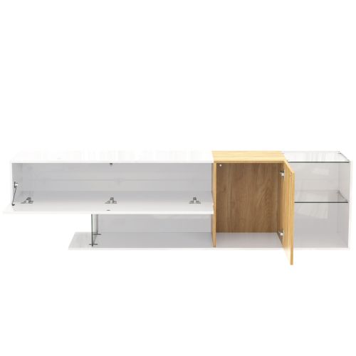 Meuble TV 180 Cm, Meuble TV Blanc Brillant Et Aspect Bois, Étagères En Verre