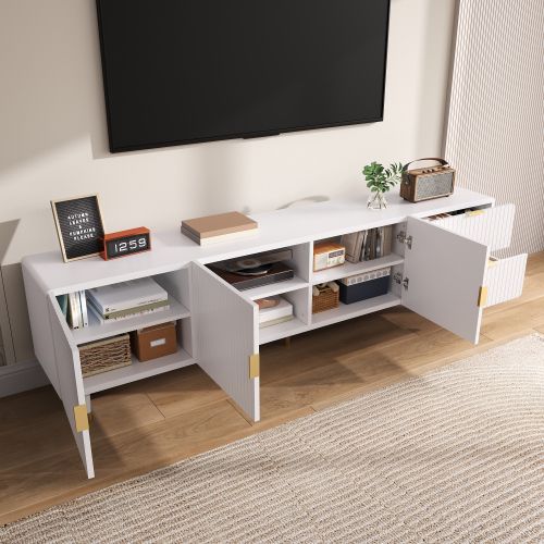 Meuble TV Blanc Avec 2 Tiroirs, Poignées Et Pieds Dorés, Pieds Réglables, 3 Portes