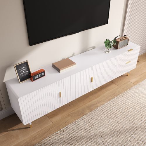 Meuble TV Blanc Avec 2 Tiroirs, Poignées Et Pieds Dorés, Pieds Réglables, 3 Portes