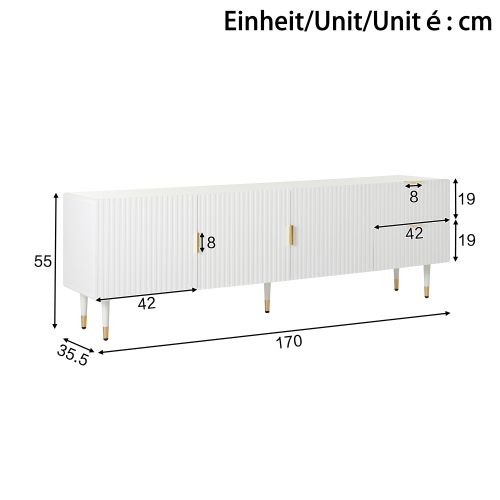 Meuble TV Blanc Avec 2 Tiroirs, Poignées Et Pieds Dorés, Pieds Réglables, 3 Portes