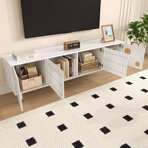 Meuble TV Blanc Avec 4 Portes, Structure En Treillis, Poignées Dissimulées Et Décor Doré