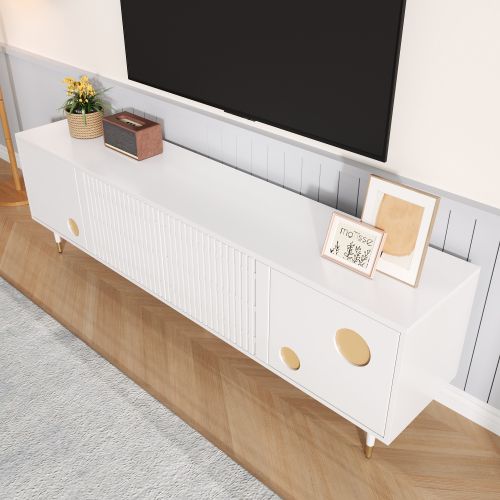 Meuble TV Blanc Avec 4 Portes, Structure En Treillis, Poignées Dissimulées Et Décor Doré