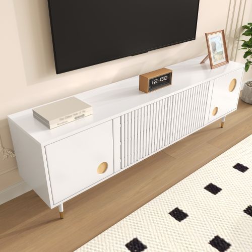 Meuble TV Blanc Avec 4 Portes, Structure En Treillis, Poignées Dissimulées Et Décor Doré