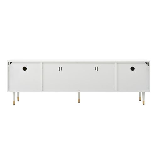 Meuble TV Blanc Avec 4 Portes, Structure En Treillis, Poignées Dissimulées Et Décor Doré