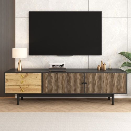 Meuble TV Bois Et Noir, Meuble TV Bas 180 Cm Avec 2 Portes à Motif De Vagues D'eau Et 3 Tiroirs