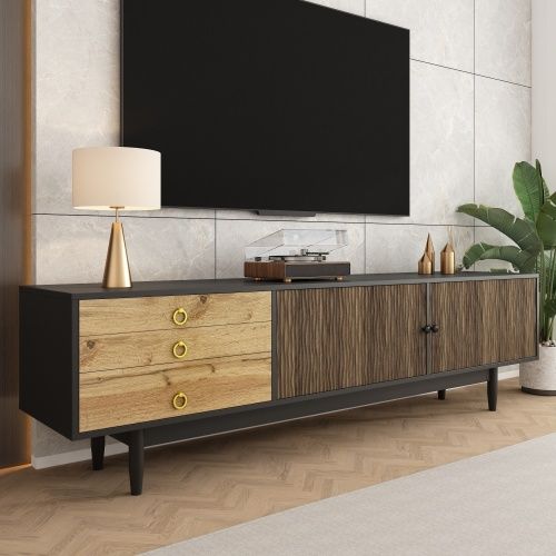 Meuble TV Bois Et Noir, Meuble TV Bas 180 Cm Avec 2 Portes à Motif De Vagues D'eau Et 3 Tiroirs