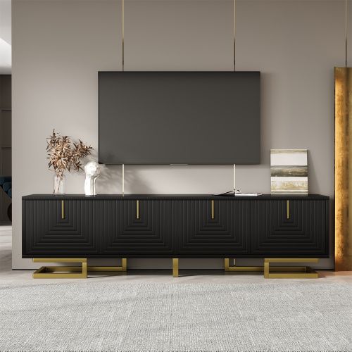 Meuble TV Noir, Meuble TV Bas 160 Cm Avec 4 Portes Texturées, Poignées Et Pieds Dorés