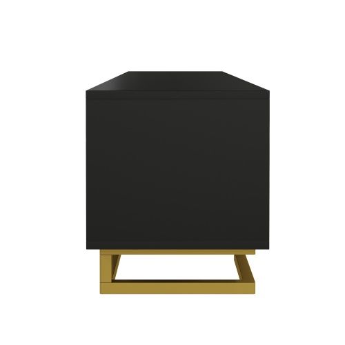 Meuble TV Noir, Meuble TV Bas 160 Cm Avec 4 Portes Texturées, Poignées Et Pieds Dorés