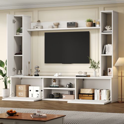 Ensemble De Meubles TV 180 Cm Avec Vitrines, Étagère Sur Pied Et 2 Étagères Murales, Blanc