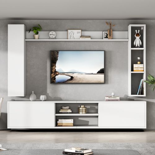 Ensemble De Meubles TV 180 Cm Avec Vitrines, Étagère Sur Pied Et 2 Étagères Murales, Blanc