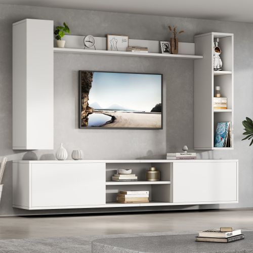 Ensemble De Meubles TV 180 Cm Avec Vitrines, Étagère Sur Pied Et 2 Étagères Murales, Blanc