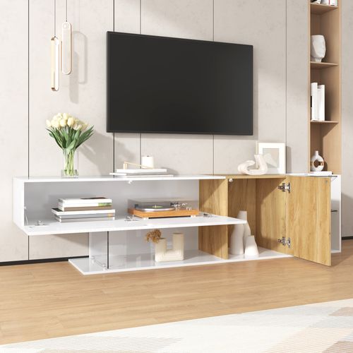 Meuble TV Moderne 180x38x48cm, 2 Portes, Aspect Bois Et Étagères En Verre, Blanc Brillant