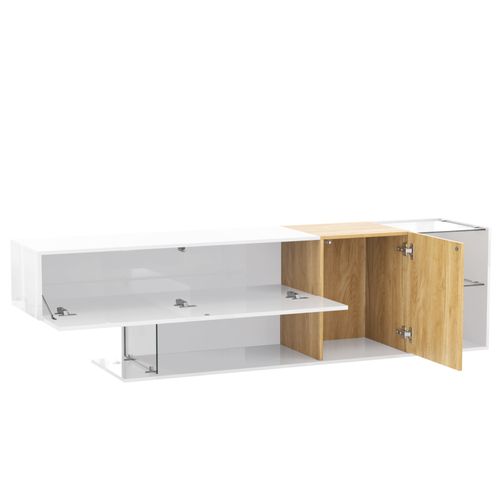 Meuble TV Moderne 180x38x48cm, 2 Portes, Aspect Bois Et Étagères En Verre, Blanc Brillant