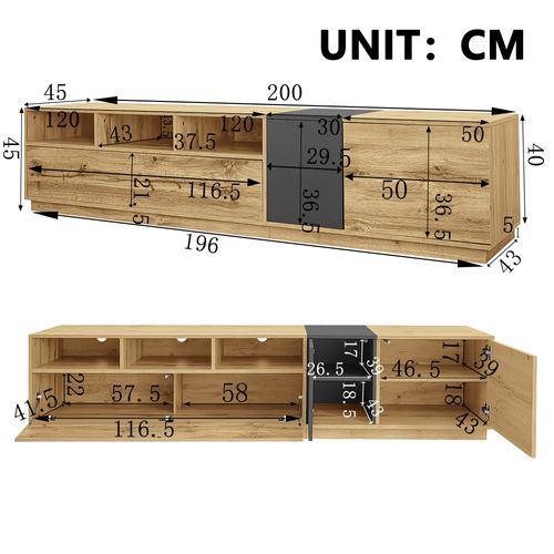 Meuble TV 200x45x45cm, 3 Portes, 3 Compartiments Ouverts Avec Passe-câbles, Coloris Bois Naturel