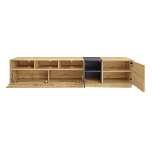 Meuble TV 200x45x45cm, 3 Portes, 3 Compartiments Ouverts Avec Passe-câbles, Coloris Bois Naturel