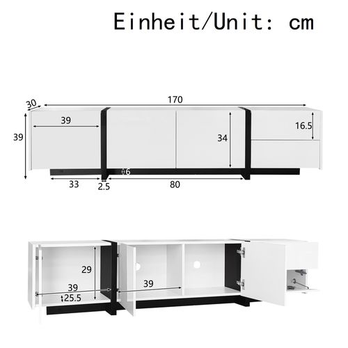 Meuble TV 170x30x39cm, 3 Portes, 1 Tiroir Et 1 Porte Abattante, Blanc + Noir