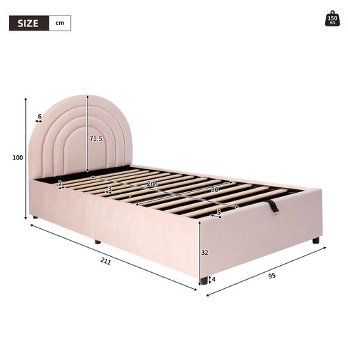 Lit Enfant Rembourré 90 X 200 Cm, Lit Simple, Rangement Hydraulique, Avec Sommier à Lattes, Rose