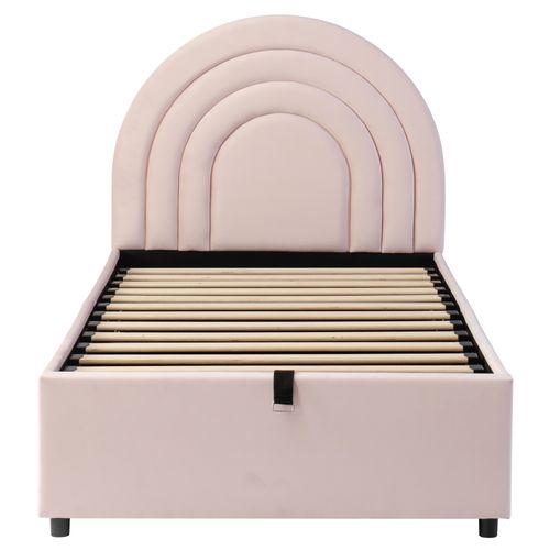 Lit Enfant Rembourré 90 X 200 Cm, Lit Simple, Rangement Hydraulique, Avec Sommier à Lattes, Rose