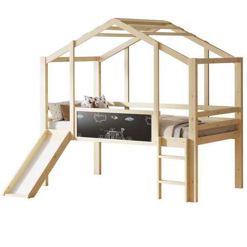 Lit mi-haut enfant Cabane 90x200cm Avec Toboggan, Bois