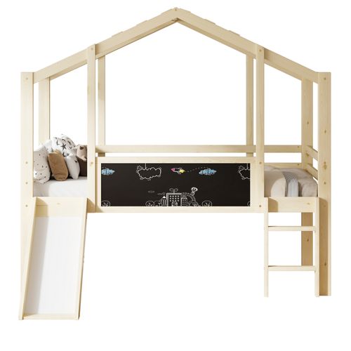 Lit mi-haut enfant Cabane 90x200cm Avec Toboggan, Bois