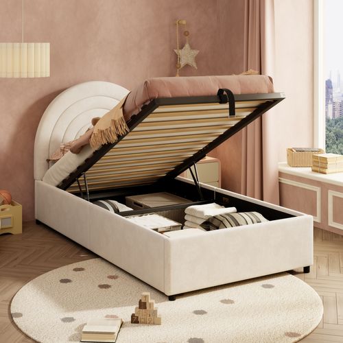 Lit Enfant Rembourré 90 X 200 Cm, Lit Simple, Rangement Hydraulique, Velours, Beige