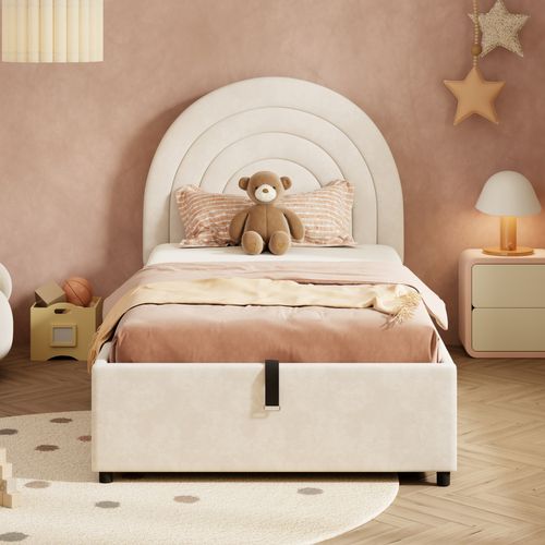 Lit Enfant Rembourré 90 X 200 Cm, Lit Simple, Rangement Hydraulique, Velours, Beige