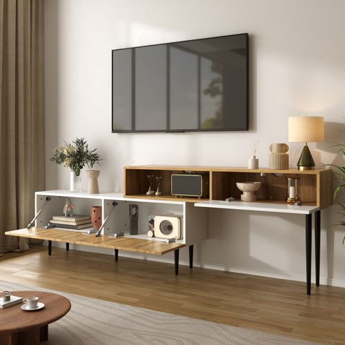 Meuble TV 130/220x30x63,4cm, Design Modulable En Deux Parties, Extérieur Bois + Blanc Mat