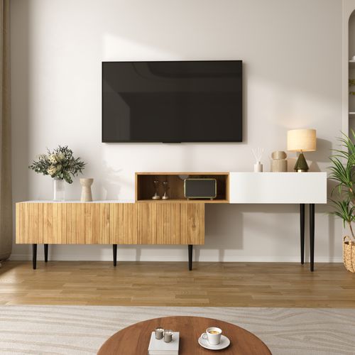 Meuble TV 130/220x30x63,4cm, Design Modulable En Deux Parties, Extérieur Bois + Blanc Mat