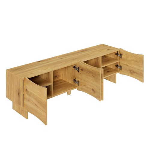 Meuble TV 155x36x47cm, 4 Portes, Passe-câbles, Extérieur Bois, Coloris Naturel