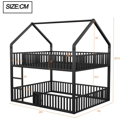 Lit Superposé 140x200cm En Métal Maison Avec Échelle Et Barrières De Sécurité, Noir
