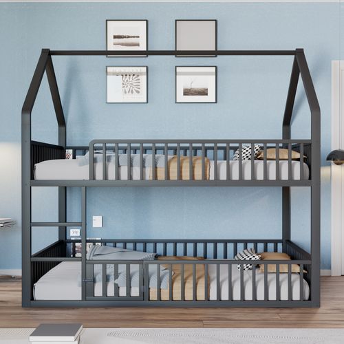 Lit Superposé 140x200cm En Métal Maison Avec Échelle Et Barrières De Sécurité, Noir