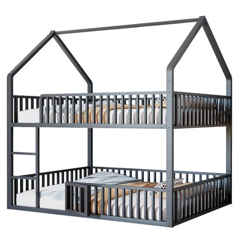 Lit Superposé 140x200cm En Métal Maison Avec Échelle Et Barrières De Sécurité, Noir