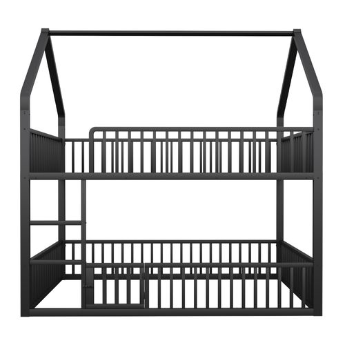 Lit Superposé 140x200cm En Métal Maison Avec Échelle Et Barrières De Sécurité, Noir