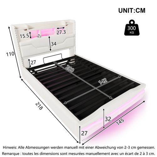 Lit Coffre 140x200 Cm 2 Places En Lin Beige, LED Et Tête De Lit Avec Rangement, Niches