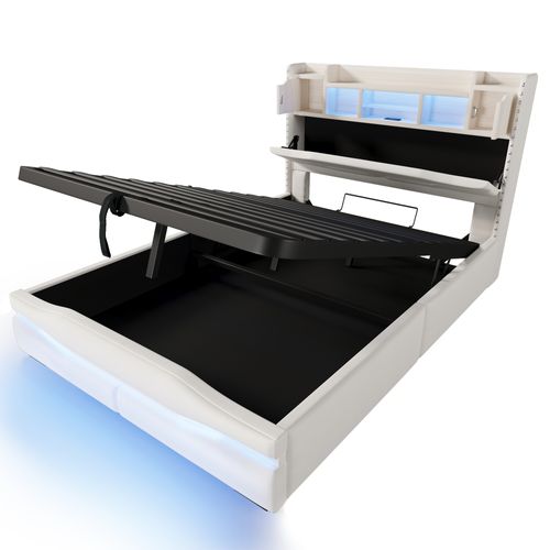 Lit Coffre 140x200 Cm 2 Places En Lin Beige, LED Et Tête De Lit Avec Rangement, Niches